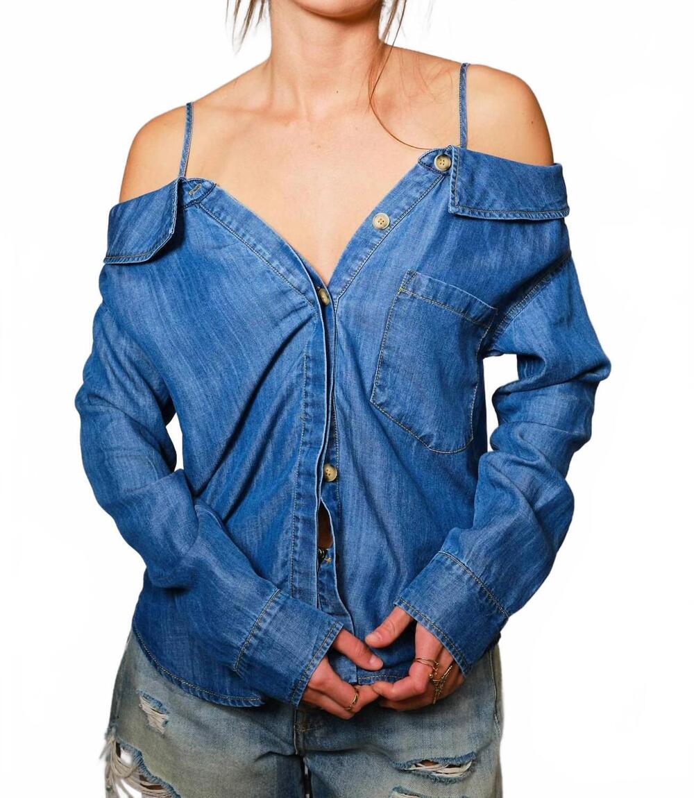 NEW BLUE B out of office off shoulder shirt in medium wash